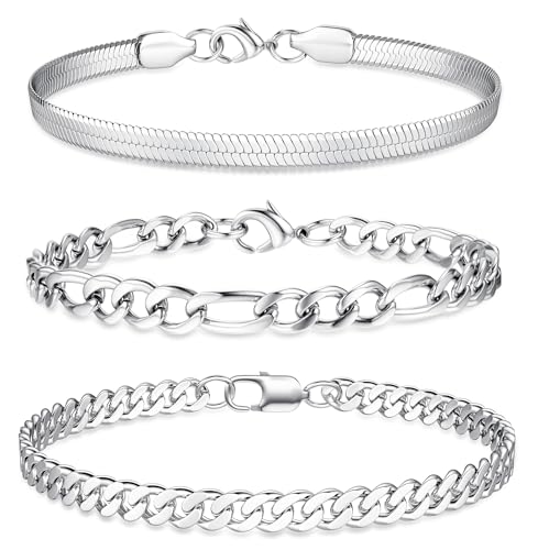 JeweBella 3 Stück Edelstahl Armband Herren Silber Gold Armbänder für Herren Jungs Robust Langlebig Panzerkette Figaro Herringbone Kette Armband Set Armkette Männer Schmuck Geschenke 19cm/21cm/23cm