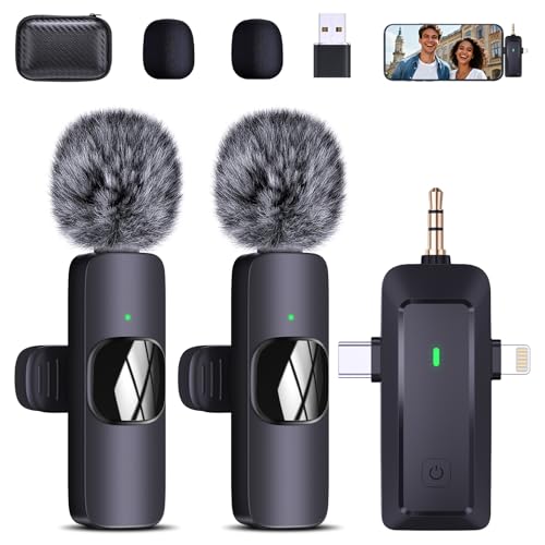 QINOJA Wireless Lavalier Mikrofon für iPhone/Handy/Kamera/Computer - 4 in 1 Ansteckmikrofon Kabellos mit Vorverstärker für Videoaufzeichnung, Live-Streaming, Vlog, TikTok