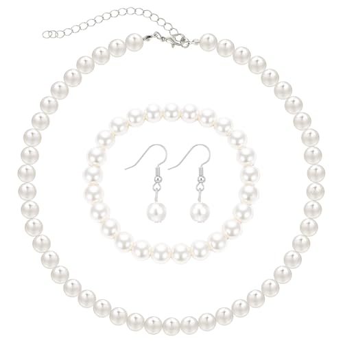 DOPENSPI 3-teiliges Perlen-Set,Damen Perlenkette Ohrringe Armband 1920er-Jahre-Perlenschmuck-Set Wasserfeste Perlenkette Weiße Perlen Halsketten für Männer und Frauen
