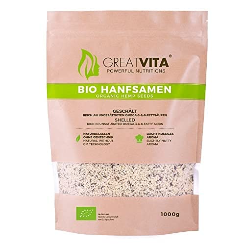 GreatVita Bio Hanfsamen, geschält, 1 kg | DE-Öko-037, reich an Proteinen, Omega-Fettsäuren & Vitaminen | Glutenfrei & in Rohkostqualität