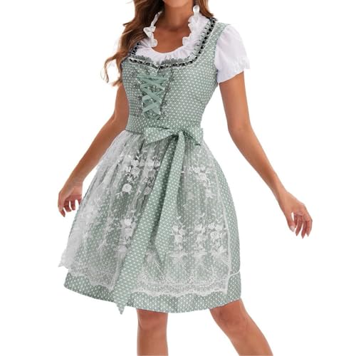 Dirndl Grün - Oktoberfest Dirndl Damen Outfit Midi Dirndlkleid Trachtenkleid inkl. Trachtenrock Dirndlbluse Dirndlschürze, Trachtenmode Kleid Schlicht Tracht Dirndlkleid Schürze Spitze Kleid
