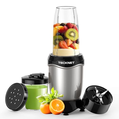 TECKNET Smoothie Maker, 600W Mini Mixer Smoothiemixer mit 4 Edelstahl Blatt, Tragbarer Standmixer 500ml Becher mit 150ml Flaschen BPA frei Tritan, Elektrischer Blender to go für Shake und Smoothie