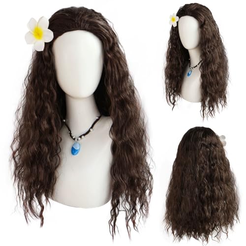 FOUNSHO Prinzessin Perücke mit Blume Damme Prinzessin Kostüm Party Perücke Fancy Dress Up Für Frauen Braun Lockige Perücken Lange Kostüm Halloween Cosplay Zubehör (Braun)