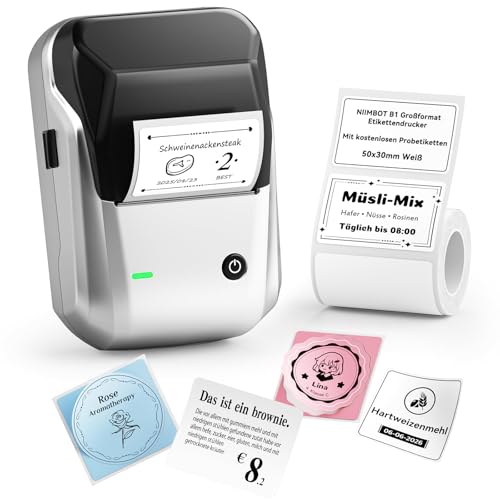 NIIMBOT B1 Etikettendrucker mit Wasserfeste Etiketten Selbstklebend, Tragbarer Beschriftungsgerät Bluetooth Label Printer Aufkleber drucker für schulbedarf, Preisschilder, Logo, Adresse, Silber