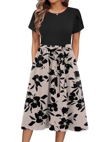 Zeagoo Sommerkleid Damen Elegant Tunika Kleid Blumenkleid Kurzarm Knielanges Swing Kleid Casual A Linie Rundhals Kleid mit Gürtel und Taschen Florale XL