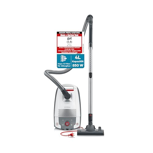 SEVERIN Bodenstaubsauger mit Beutel, leistungsstarker und leiser Staubsauger mit 360° Rollen, HEPA Filter, Zubehör für Teppich & Hartböden, weiß, rot, BC 7047