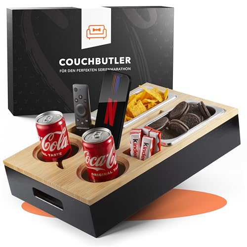 Couchbar Snackbox aus Bambus inkl. Geschenkbox | Sofa Tablett mit 2 Snackschalen, 2 Getränkehalter mit Untersetzer, magnetischer Deckel, Handyhalterung