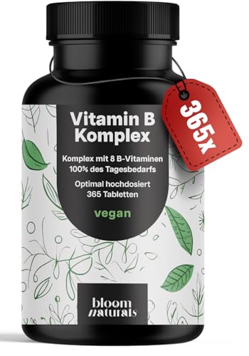 Vitamin B Komplex hochdosiert - 365 Tabletten - Mit 8 B-Vitaminen (B1, B2, B3, B5, B6, B7, B9, B12) mit Co-Faktoren Cholin & Myo-Inositol, 100% Tagesbedarf - Vegan & produziert in Deutschland