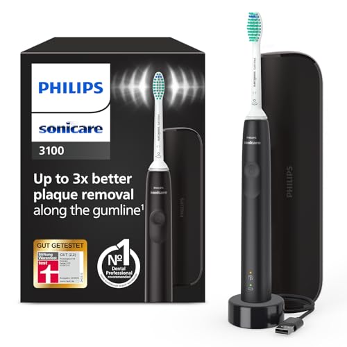 Philips Sonicare 3100 elektrische Zahnbürste, Schallzahnbürste, Andruckkontrolle und Timer, Reiseetui, Schwarz, HX3673/14