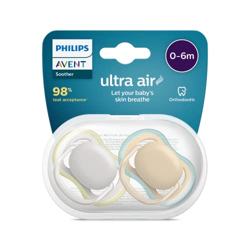 Philips AVENT ultra air Schnuller - 2er Pack, BPA-freier, atmungsaktiver Schnuller für Babys von 0-6 Monaten, inklusive Transport- und Sterilisationsbox, grün/braun (Modell SCF085/15)
