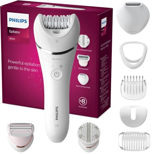 Philips Epilierer Series 8000, kabelloser Nass- und Trockenepilierer für Beine und Körper, Haarentfernungsgerät, mit 8 Zubehörteilen, Rasierer, Langhaarschneider und Körperpeeling-Gerät, (BRE735/00)
