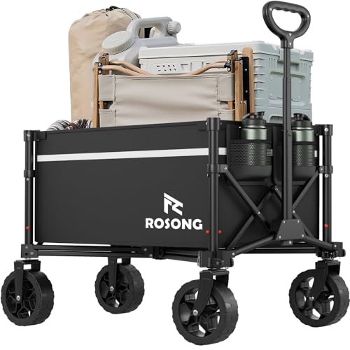 ROSONG Faltbarer Bollerwagen mit Rädern, zusammenklappbar, robust, für Einkäufe, Sport, Garten, Einkaufen, Camping, Schubkarre (Schwarz, 90 L)