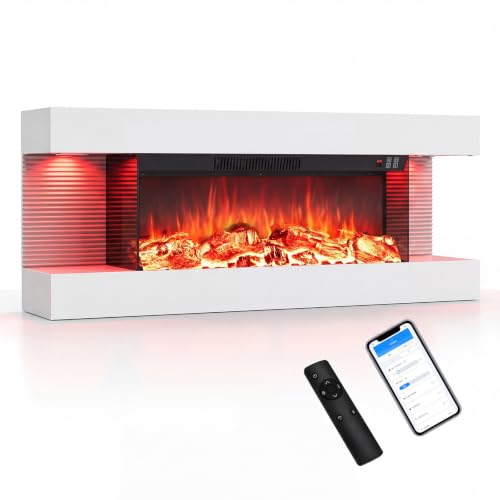 COSTWAY Elektrokamin mit Rahmen 750W/1500W, Weiß,101,6 x 20,6 x 41,8 cm | Dekokamin mit LED-Seitenlichtern, 3D-Flammeneffekt & 12 Flammenfarben, Wandkamin mit App-Steuerung, Fernbedienung & Timer