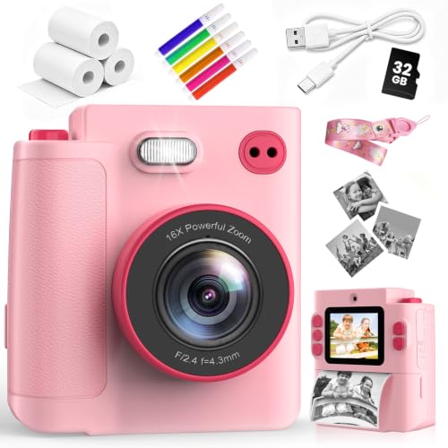 Kinder Sofortbildkamera mit 32GB Speicherkarte, Rosa, 2,0 Zoll LCD-Bildschirm, Dualkamera, 1080P Video, 16X Digitalzoom, Type-C, 3 Rollen Druckpapier und Farbstifte, Geschenk für Kinder