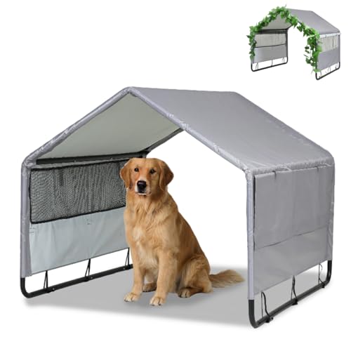 Hundehütte Outdoor für Kleine bis Große Hund, 120x120x100 cm, Wasserdicht Hundezelt für Kleintiere, Hühner, Katzen, Welpen, Hundehütte mit Mesh-Fenstern, Farbe in Grau