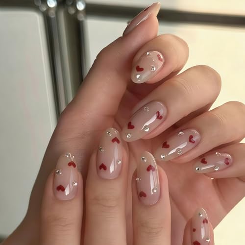 Medium Künstliche Nägel Mandel - Fingernägel Zum Aufkleben Mit Roten Herzchen Und Strasss - Full Cover Kunstnägel Falsche Nägel - Glänzende Press on Nails Nagelspitzen Für Frauen(Red Heart)