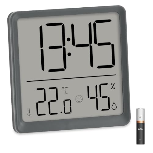 ADE Digitale Uhr mit Temperaturanzeige | Badezimmeruhr mit Luftfeuchtigkeitsmesser | perfekt als Baduhr, Küchenuhr, für Schlafzimmer | mit Wecker und Snooze-Funktion | mit Batterie | grau