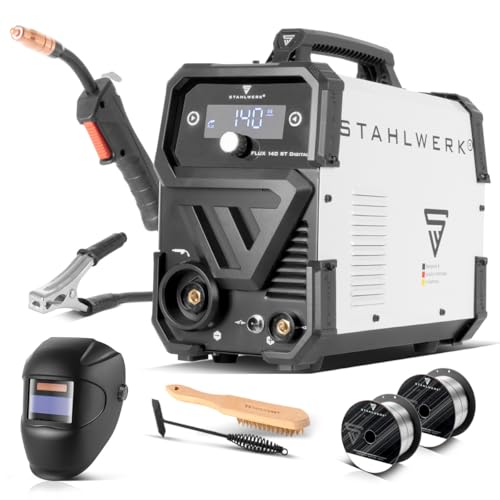 STAHLWERK Schweißgerät FLUX 140 ST Digital – Vollausstattung – Fülldrahtschweißen ohne Schutzgas bis 140 A, synergischer Drahtvorschub, integriertes LED-Licht, Lift-TIG- und MMA/E-Hand-Funktion (ARC)