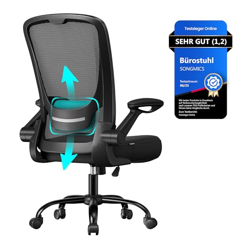 SONGMICS Bürostuhl, Schreibtischstuhl, Drehstuhl mit Netzbespannung, ergonomisch, gepolsterte Lendenstütze, Wippfunktion, 53 cm große Sitzfläche, klappbare Armlehnen, schwarz OBN37BK