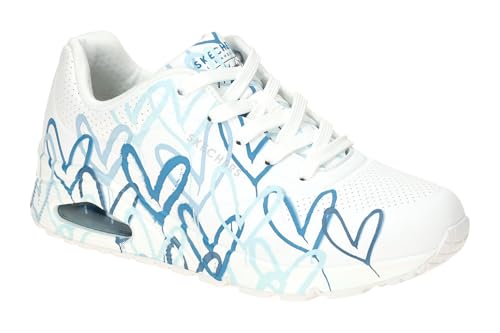 Skechers Damen UNO Spread The Love Trainers, White Duraleather/Blue Heart Print Trim, 38 EU