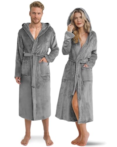 Twinzen Damen & Herren Kuschelfleece Morgenmantel mit Kapuze XL - Grau - Weich, Warm & Bequem - Öko-Tex Standard 100 zertifiziert