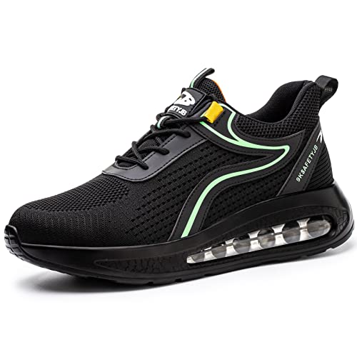 OBQcare Sicherheitsschuhe Damen Arbeitsschuhe mit Stahlkappen Herren Leicht Arbeitsschuhe Schutzschuhe Atmungsaktiv rutschfest Trekkingschuhe Sportlich Arbeitsturnschuhe Schwarz Grün