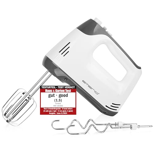EMERIO elektrischer Handmixer Handrührer Mixer Handrührgerät mit 400 Watt 5 Geschwindigkeiten & Turbotaste extra lange Schneebesen + Knethaken aus Edelstahl (geschirrspülgeeignet) BPA-frei HM-130365