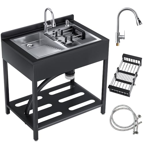 Freistehende Edelstahl 2 Becken Waschspüle für Außenbereich, Spülbecken Küchen Spüle mit Abtropfschale & Ausziehbarem Wasserhahn & Kalt-Warmwasserrohre, Kitchen Sink Handwaschspüle für Küche, Garten