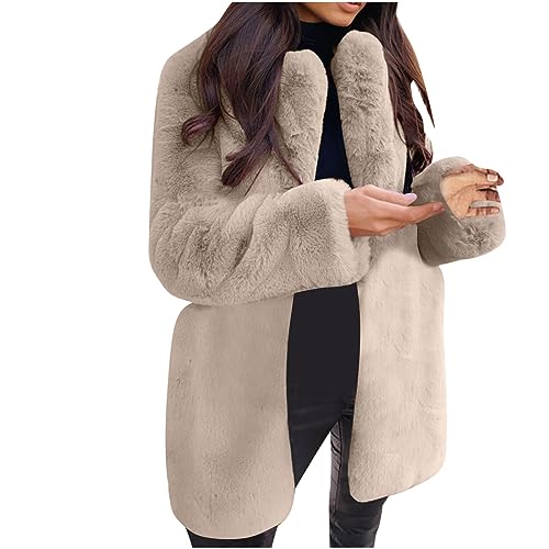 EMATOP Kunstpelz Mantel Damen Revers Wintermantel Teddy Fleece Kunstpelzjacke Winter Warm Pelzmantel Einfarbig Plüschjacke Lang Elegant Fellmantel Flauschig Kuschelig Winterjacke Felljacke