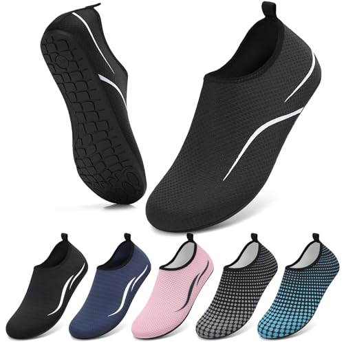 VOLHAL Wasserschuhe Herren Badeschuhe Damen Strandschuhe Schwimmschuhe Surfschuhe Aquaschuhe Breathable Schnelltrockend Schuhe Beach Pool Surfen Unisex(787 Linien in Schwarz 39 EU)