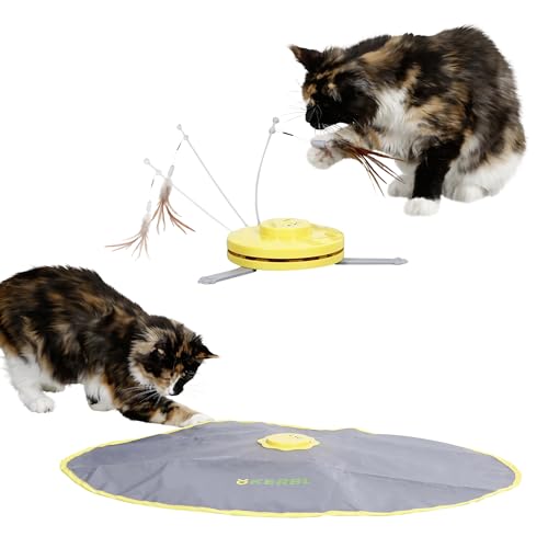 Kerbl Pet Katzenspielzeug 2in1 Catch the TailFeather, Federwedel, gelb, grau, 70x53x5cm, Nylon, Katzen, automatische Abschaltfunktion, rutschfest