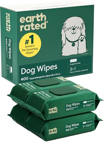 Earth Rated Feuchttücher für Hunde, Dicke Pflegetücher auf pflanzlicher Basis zur einfachen Anwendung an Pfoten, Körper und Hintern, unparfümiert, 400 Stück