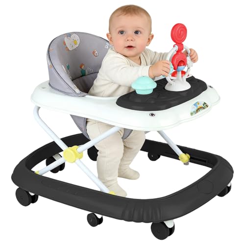 4 in 1 Lauflernhilfe, Lauflernwagen, Baby Walker, Licht & Rädern, Gehfrei Baby ab 6 Monaten, 12kg Belastbar (67 x 72 x 92 cm – Schwarz (B))