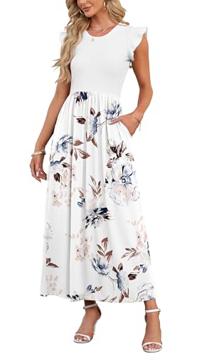 AUSELILY Damen Sommer Kurzarm Rundhalsausschnitt Lockeres Maxikleid Lässiges Hohe Taille Langes Kleid mit Taschen (Weiße Blume,M)