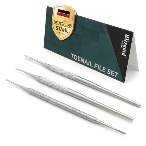 Blizzard Podologie-Werkzeug Set – 3-teiliges Instrumenten-Set für Feinarbeiten im Nagelfalz & Eckenbereich, Tamponierhaken, Eckenfeile & Löffelinstrument aus Edelstahl, Profi Pediküre & Maniküre