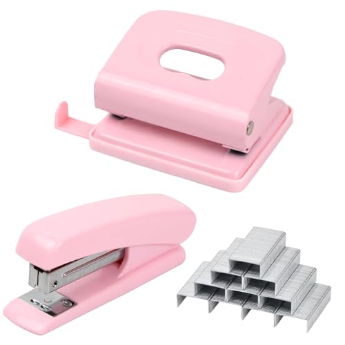 Heftgerät Und Locher Set, Locher Tacker Set 24/6, Tischheftgerät mit 1000 Heftklammern, für Büro, Schulen, Arbeitsplätze, Zuhause (Rosa)
