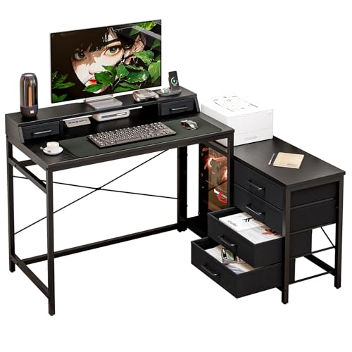 KZOBYD L-förmiger Computertisch, 135 x 100 cm, Eckschreibtisch mit Schubladen und Stauraum, Gaming Tisch mit Monitorständer, X-förmige Stütze für Büro und Heimbüro