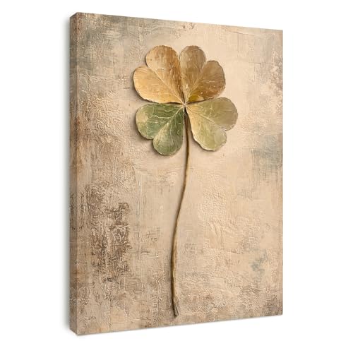 Leinwandbild mit Rahmen 30x40 cm, Kleeblatt Natur Wandbild Beige, minimalistisches Vintage Boho Wanddeko für Wohnzimmer, Schlafzimmer und Büro, ohne Bohren Montage mit Klettverschluss, HD-Druck