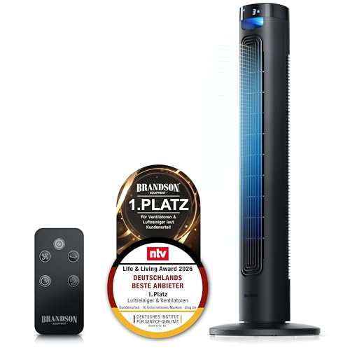 Brandson - Turmventilator mit Fernbedienung - Sieger Life & Living Award 2026 - sehr leise - LED Display – 3 Geschwindigkeitsstufen 3 Modi – Oszillation - Time - Standventilator Ventilator Kühlung