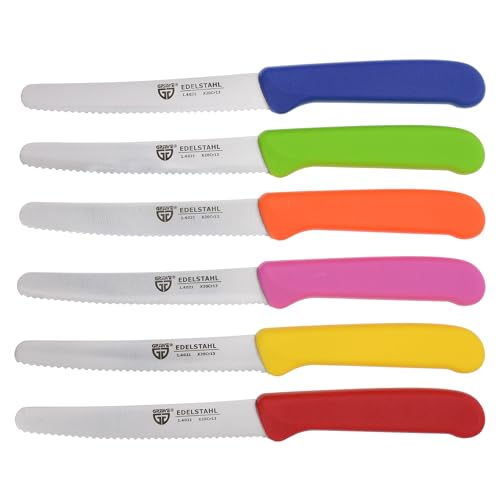 GRÄWE Tafelmesser 6 Stück, Messerset zum Schneiden, 6er Pack Brötchenmesser, Frühstücksmesser mit einseitigem Wellenschliff, Brotmesser, scharfe Messer für Brotzeit, 21 cm - Bunt