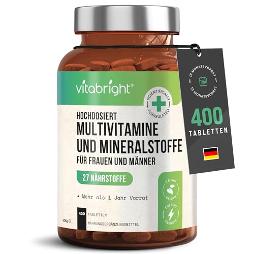 Multivitamin Tabletten Hochdosiert | 27 Vitamine & Mineralstoffe A–Z | 400 Tabletten – 13 Monate Vorrat | 100% NRV | Vegan | Für Frauen & Männer | VitaBright
