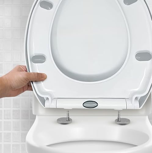 CUQOO WC-Sitz mit Absenkautomatik und Schnellverschluss – Ovaler Toilettensitz in Weiß | Verstellbar, Rutschfest, Einfache Reinigung, Universelle Passform für Standard-Toiletten