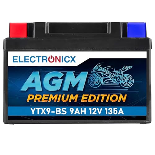 Electronicx AGM Premium Edition YTX9-BS 12V 9Ah Motorradbatterie – wartungsfreie Starterbatterie, versiegelt & auslaufsicher, 135A Hochleistung für Motorrad, Quad, ATV & Powersport