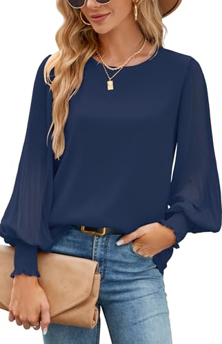 Odosalii Tunika Damen Musselin Chiffon Schicke Festliche Blusen Rundhals Plissee Elegante Party Oberteile Longshirt Business Outfit Blusenshirt