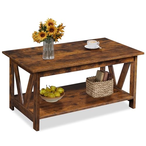 WLIVE Couchtisch Rechteckig, wohnzimmertisch Holz mit offenes Fach, V-Streben, Sofatisch Für Wohnzimmer, Schlafzimmer, vintagebraun-schwarz (V-Streben, vintagebraun-schwarz)