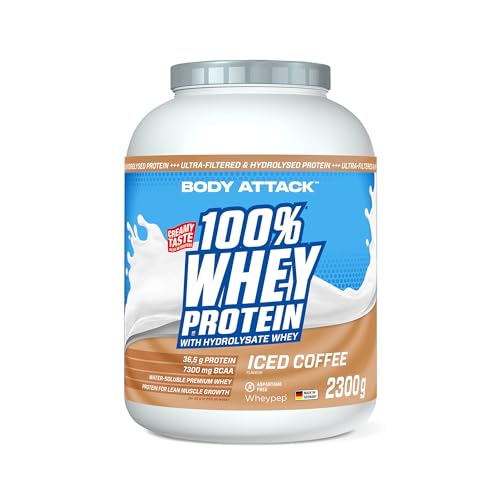 Body Attack 100% Whey Protein - Iced Coffee - 2,3 kg - Made in Germany - Extra cremiges Eiweißpulver mit Hydrolysat & BCAA´s, unterstützt Muskelaufbau und Diäten - Für Sportler & Athleten