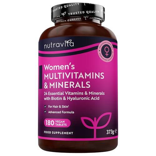 Multivitamine & Mineralien für Frauen - 24 essentielle aktive Vitamine & Mineralien mit zusätzlicher Hyaluronsäure - 180 vegane Tabletten - keine synthetischen Füllstoffe oder Bindemittel - Nutravita