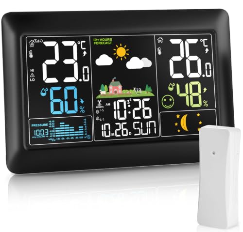 Groß Wetterstation funk mit Außensensor wetterstationen innen | 7,5 Zoll VA Farbe Großbuchstabe DCF 330° Lesbar Temperatur Feuchtigkeit Luftdruck korrigierbar