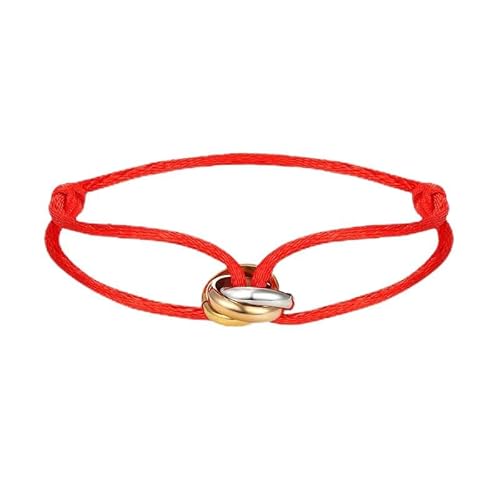 QianSiLi Weihnachts Geschenke Frauen, Armband mit Ring, dreifarbig, rote Glücksarmbänder, Armband für Damen und Herren, verstellbar, Edelstahl, Nylon Edelstahl (Rot)