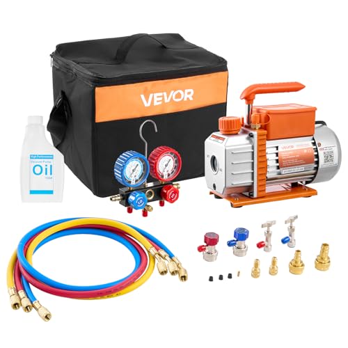 VEVOR Vakuumpumpe mit Manometer, 3,5 CFM 99 L/min, 180 W 1-stufige Drehschieber-Unterdruckpumpe, Vacuum Pump Kit für R134a, R22, R410a, R1234YF & R32, mit Tragetasche für Kfz-Klimaanlagen